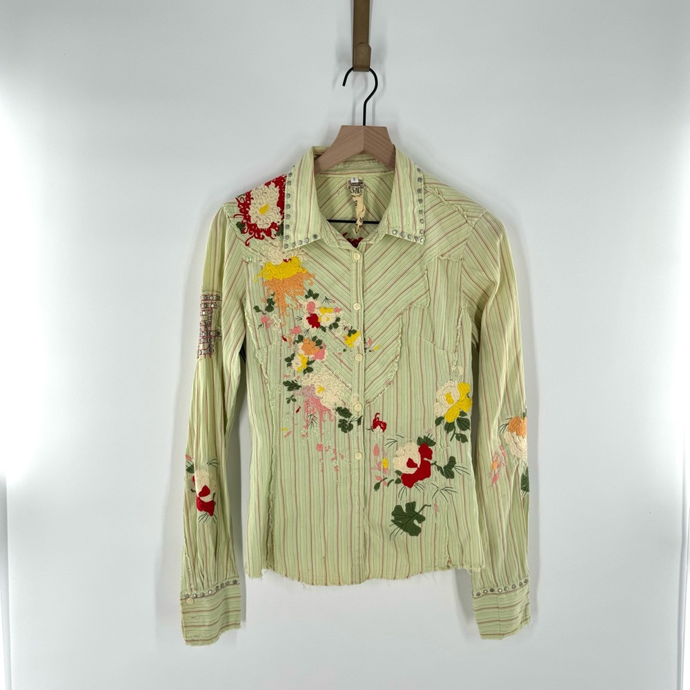 Johnny Was 3J Workshop Embroidered Button Down Long Sleeve Blouse Size Small Y2K